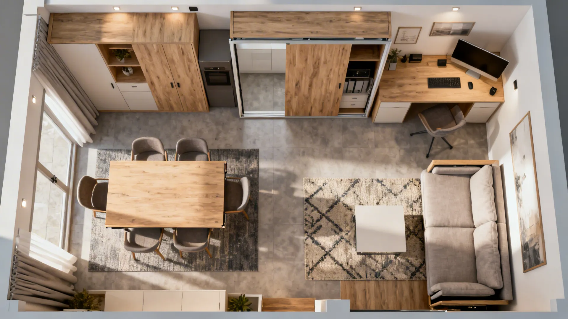 Top-down view of a tiny home with fold-down table, sliding panels and a convertible sofa showing multi-function layouts.
