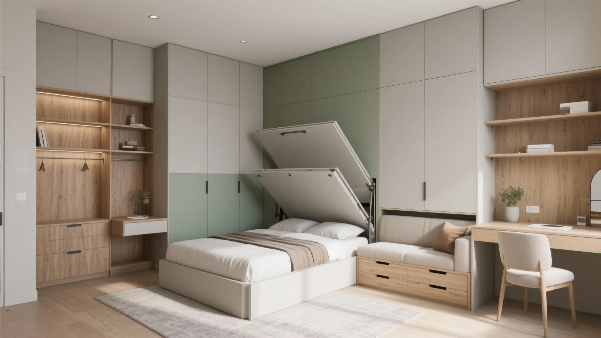 Small bedroom featuring wall bed, grey cabinets, wooden desk, white chair, and light wood floor