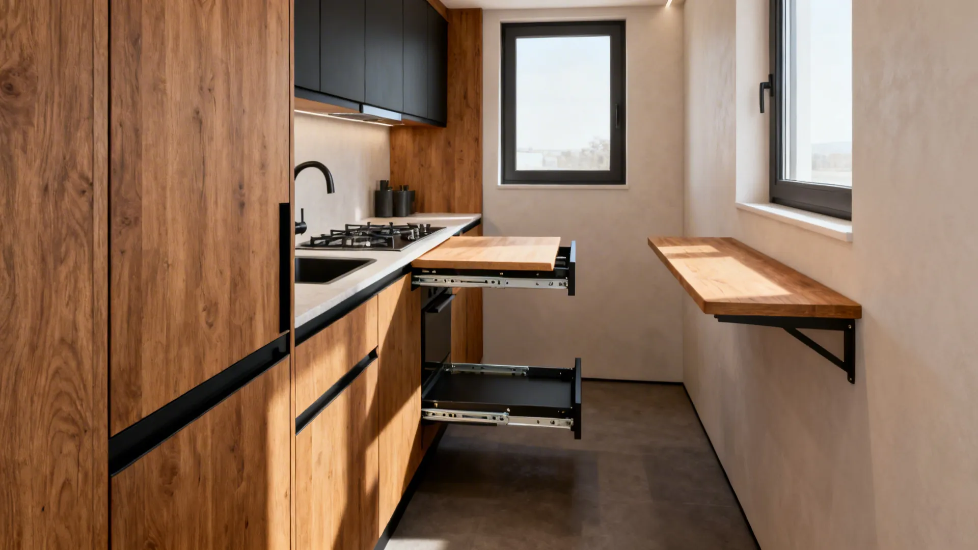Modern kitchen with wood cabinets featuring pull out table and folding wall mounted wooden surface