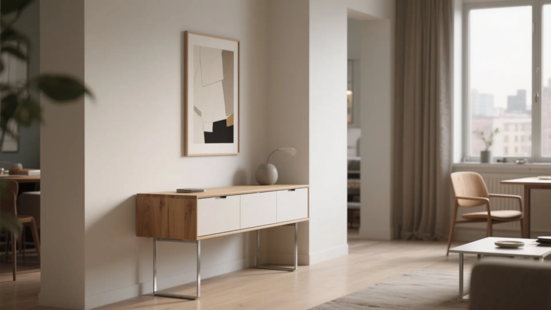 Minimalist wooden cabinet with wall art above it in bright room with light wooden flooring