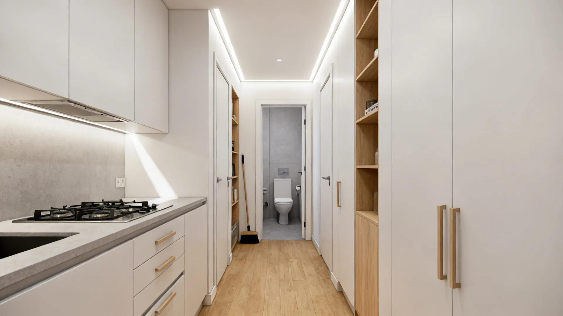 2) Short transition hall with storage on both sides