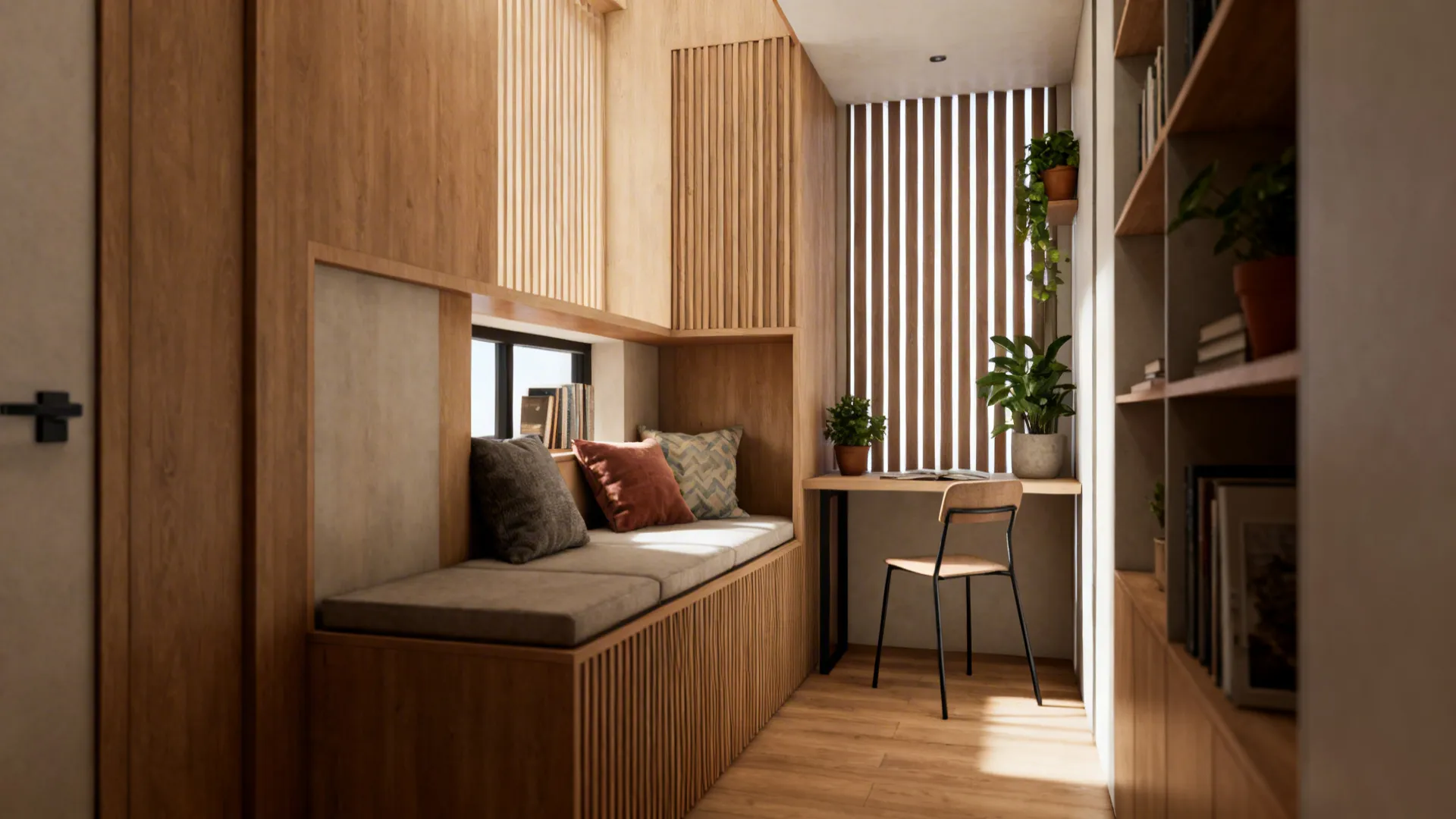 Multifunctional landing with reading nook, compact desk and plants between split levels.