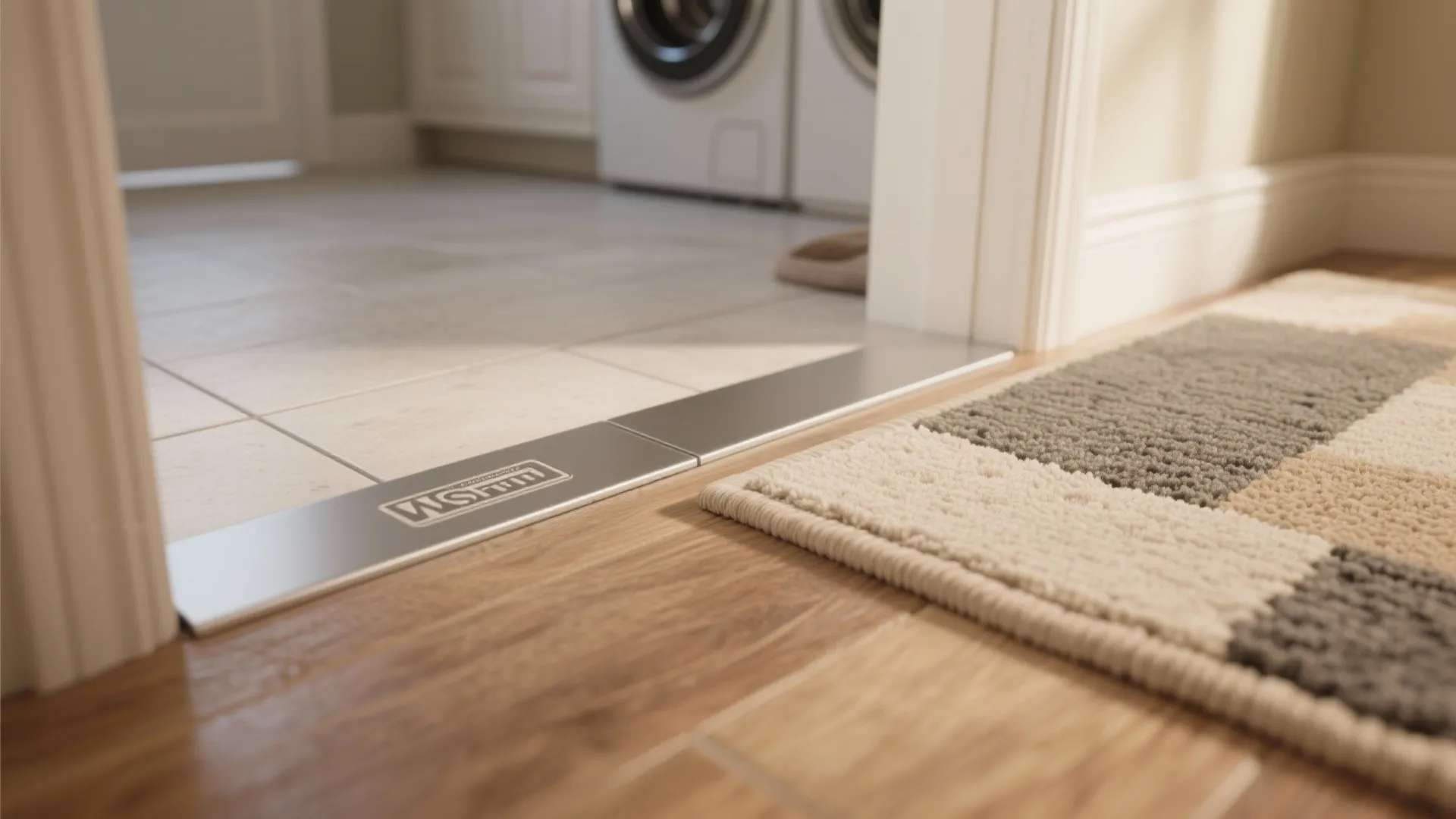 Close-up of a transition strip and edge of a washable rug between rooms in a laundry area.