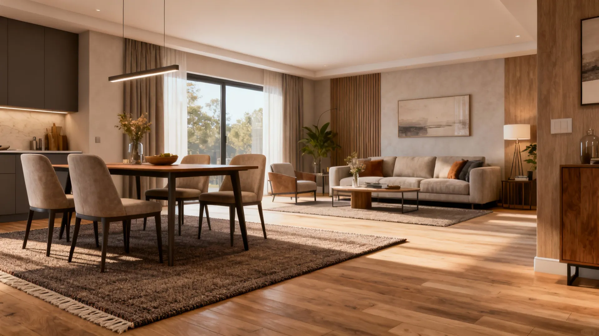 Open-plan flat using a 5x7 rug as a transition between entry and living zones