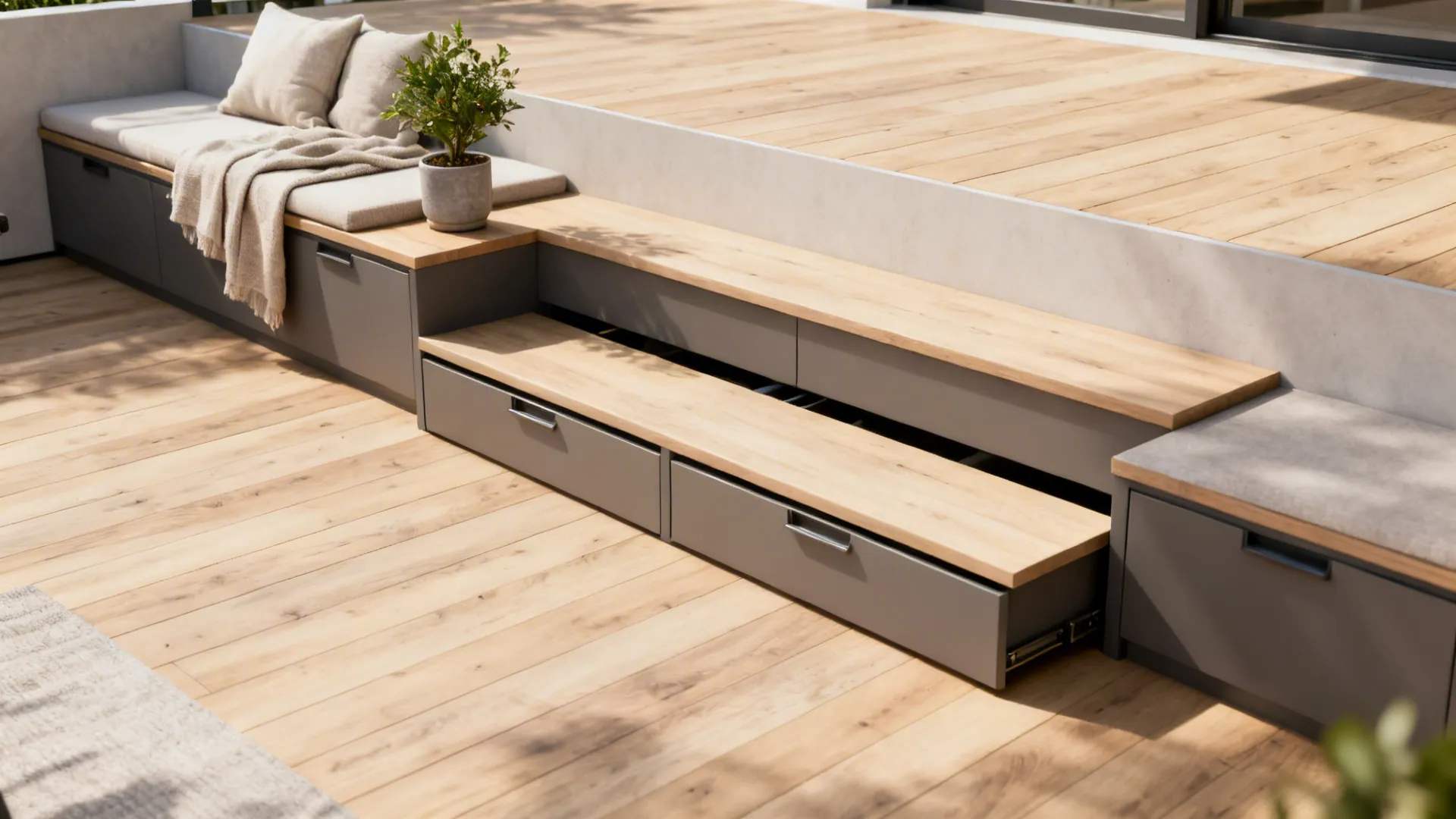 Shallow transition terrace with wide steps and integrated storage between living levels