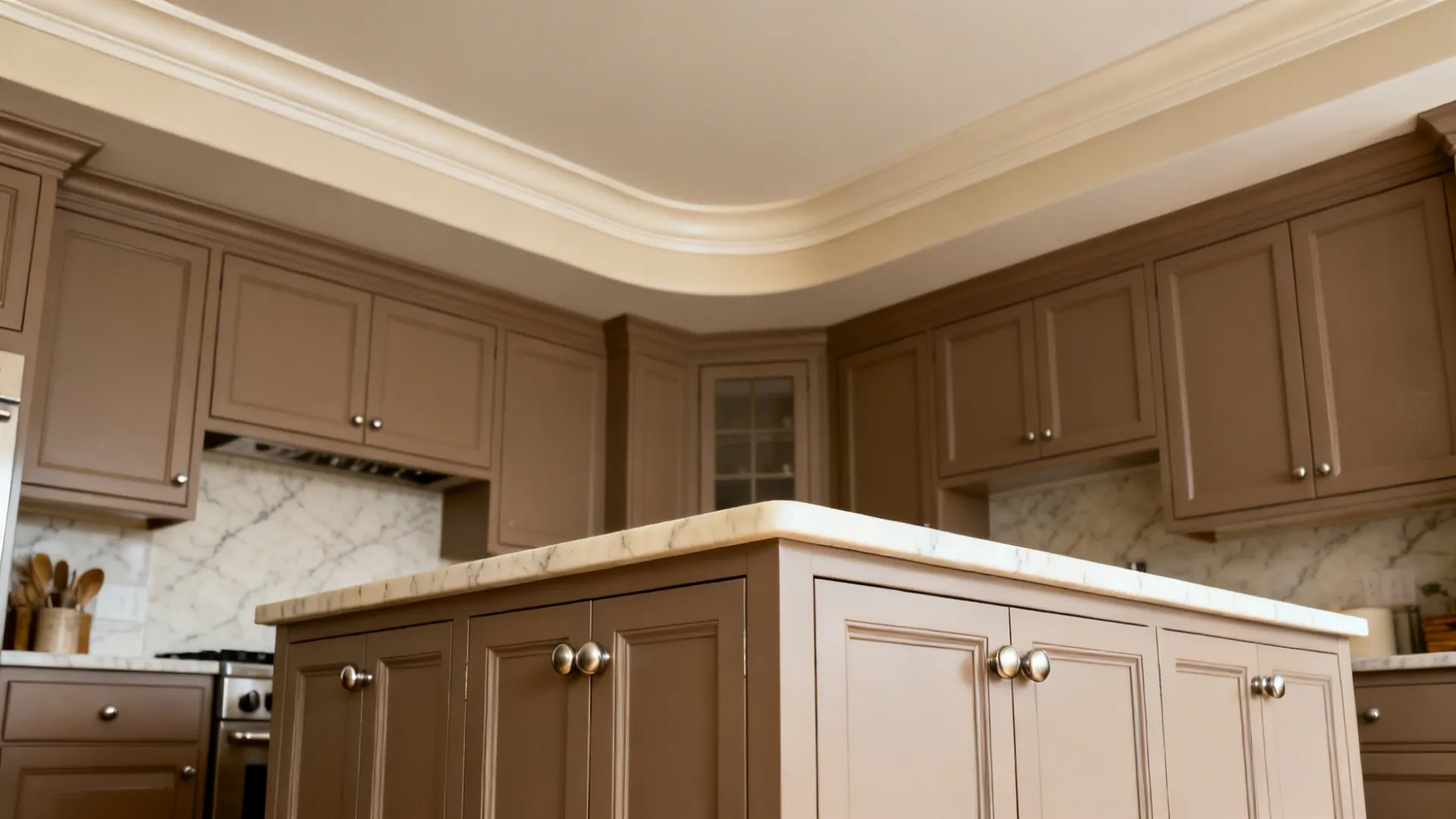 Transitional kitchen with a gentle cove crown above slab-door uppers in soft daylight.
