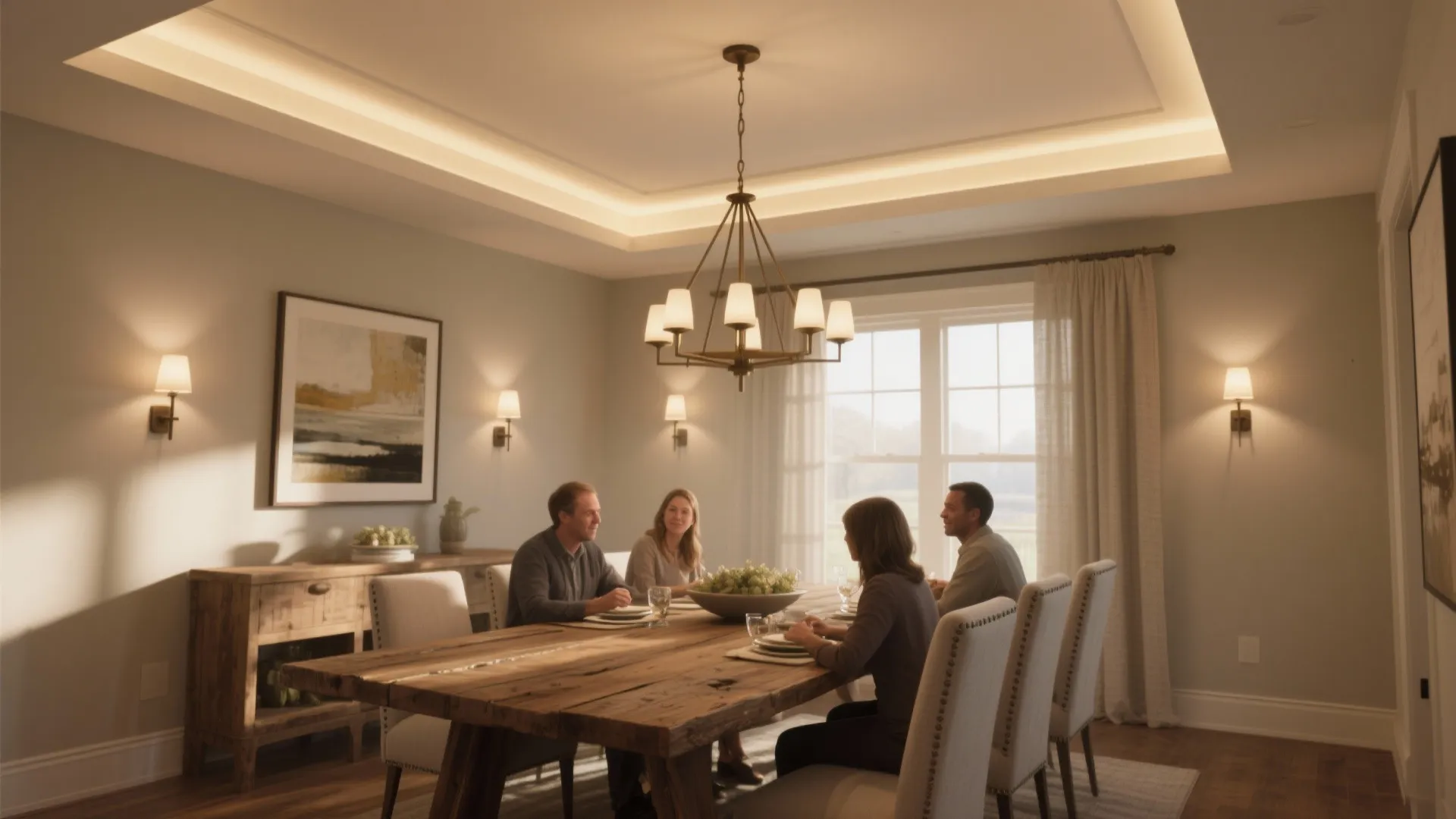 Four people sitting at a wooden dining table with wall lights and a ceiling light