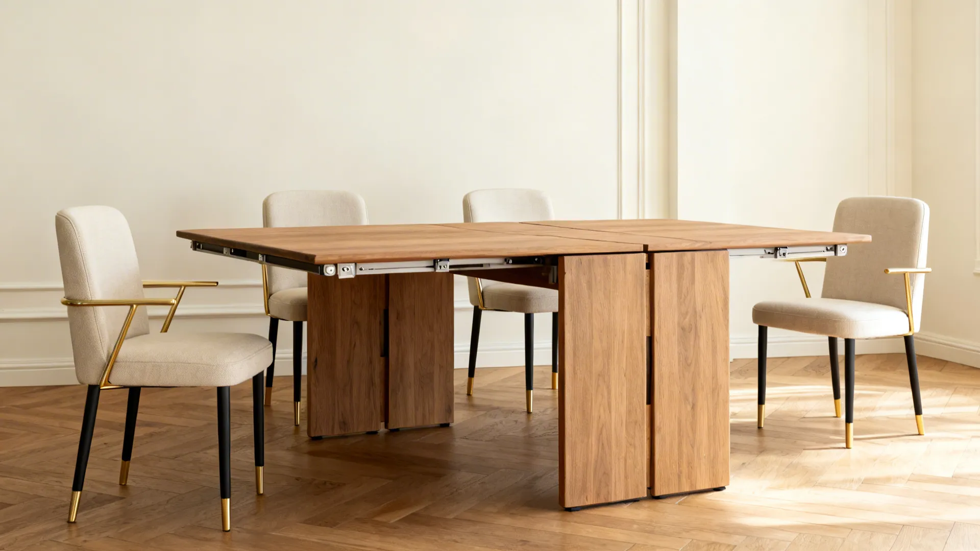 Compact extendable dining table with neutral upholstered French-style chairs.