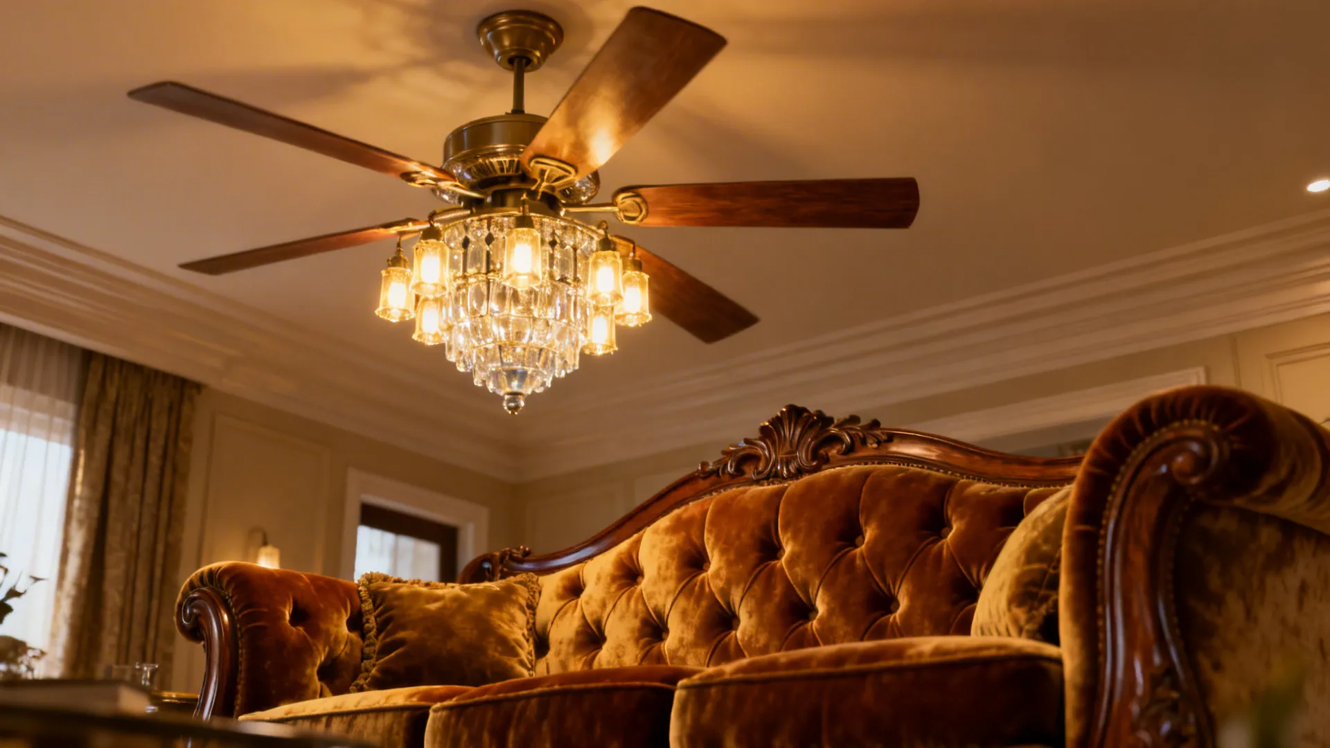 Elegant brown velvet sofa placed under a wooden ceiling fan with an integrated crystal ceiling light