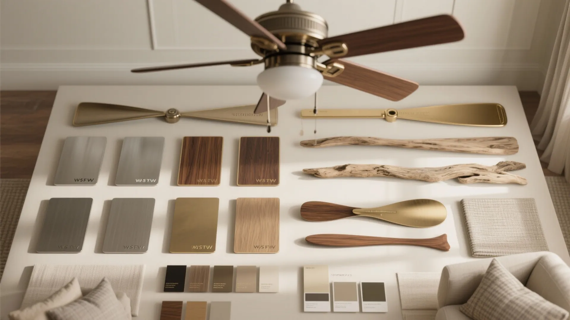 Flat lay of ceiling fan finishes: brushed nickel, aged brass, walnut, driftwood blades, fabric swatches, and neutral paint chips.