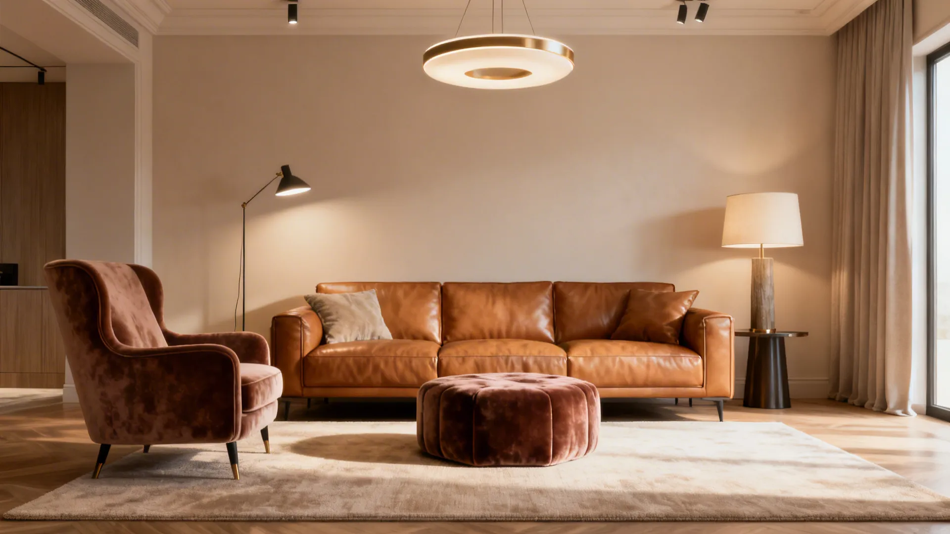 Modern living room with brown leather sofa velvet armchair footrest ceiling light and floor lamp