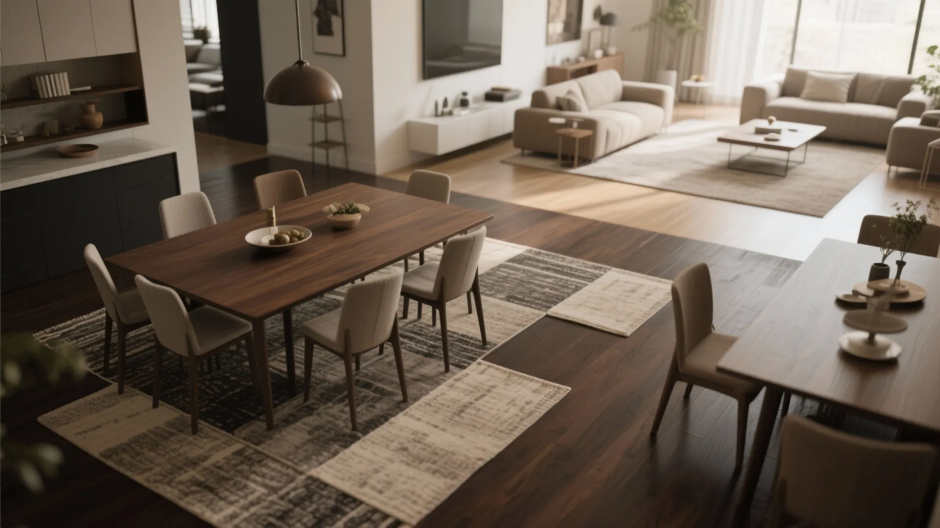 Open plan living area showing wood dining table with patterned rug and sofa in background