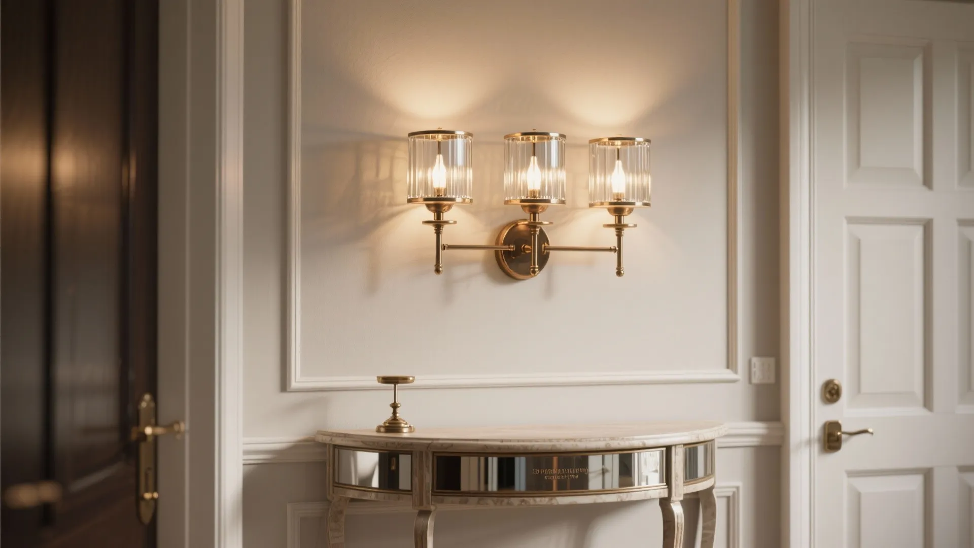 Entryway with a glass wall light fixture hanging above a marble table and white door