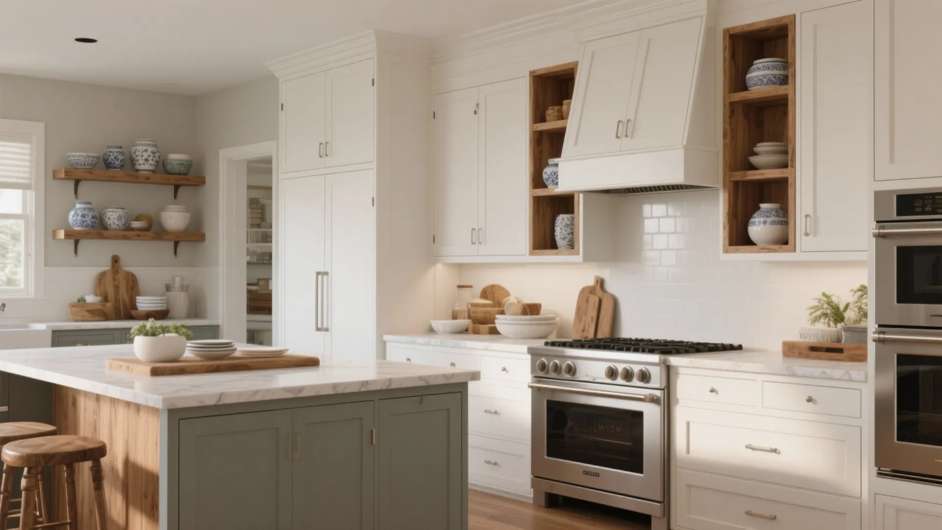 Modern farmhouse kitchen with white cabinets wood shelves green kitchen island and stainless steel gas stove