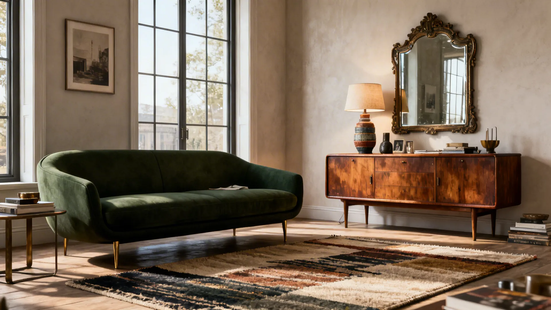 Dark green sofa paired with a mid-century sideboard and an antique mirror in a transitional living room