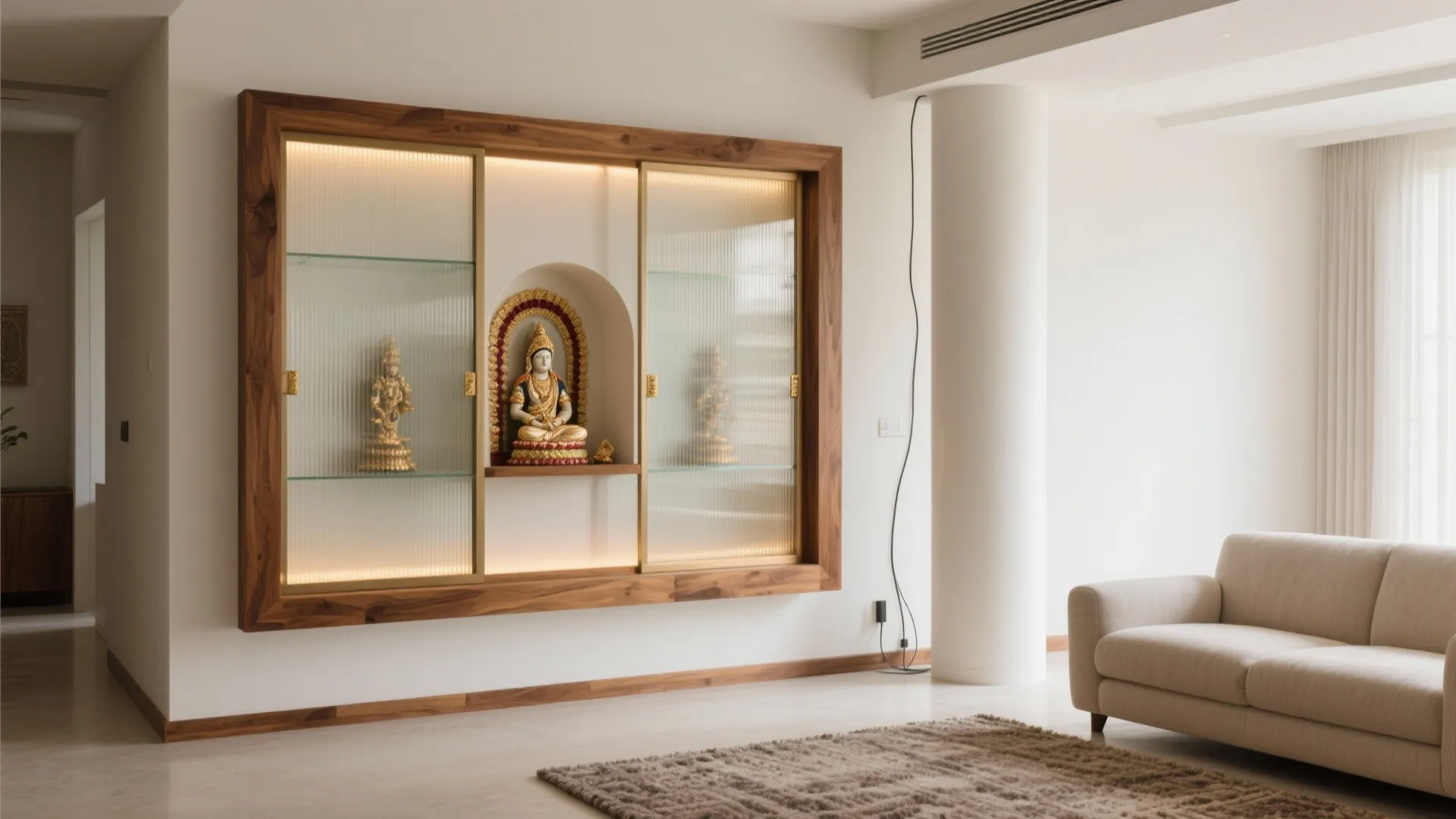 Modern white living room with wooden wall cabinet and beige sofa on a brown rug