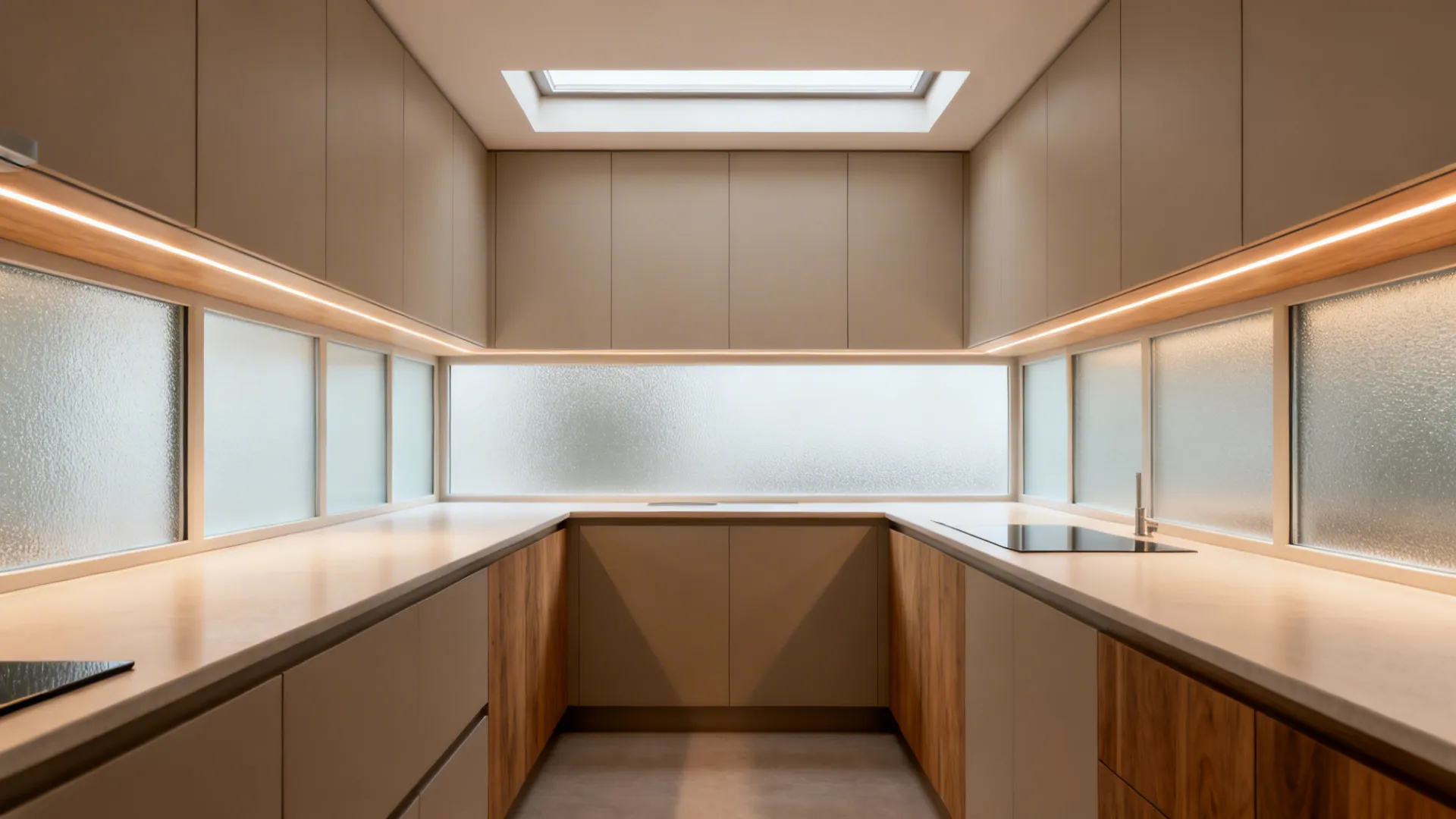 Galley kitchen with translucent lower panes and clerestory glazing providing uniform daylight.