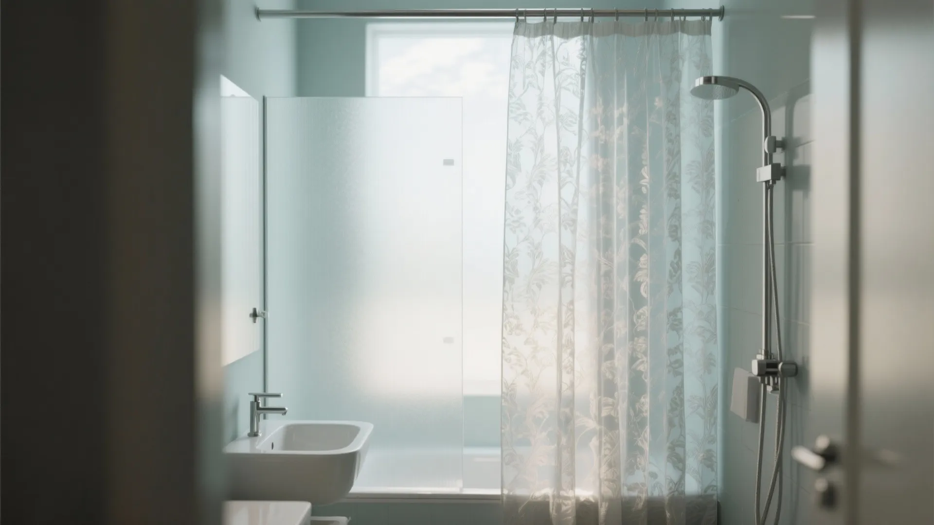 Modern bathroom with white sink silver wall shower head glass partition and floral pattern curtain