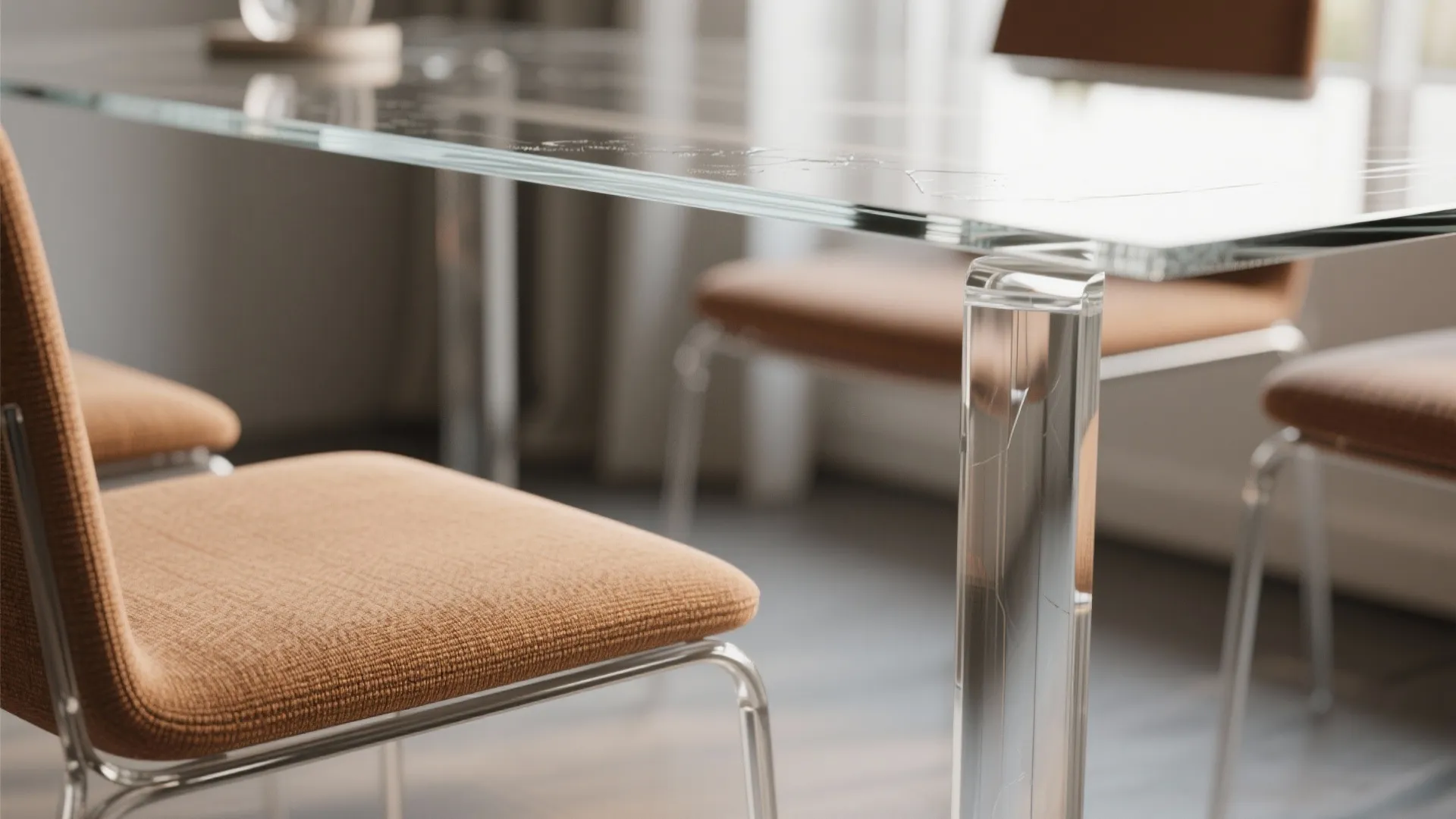 Close up of a glass dining table with clear legs and brown fabric dining chairs