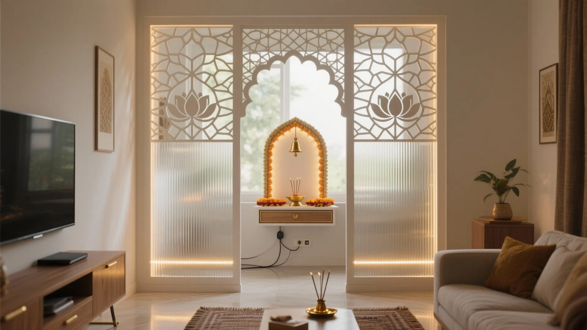 Translucent jali or fluted glass separates a pooja corner while keeping the living room open and bright.