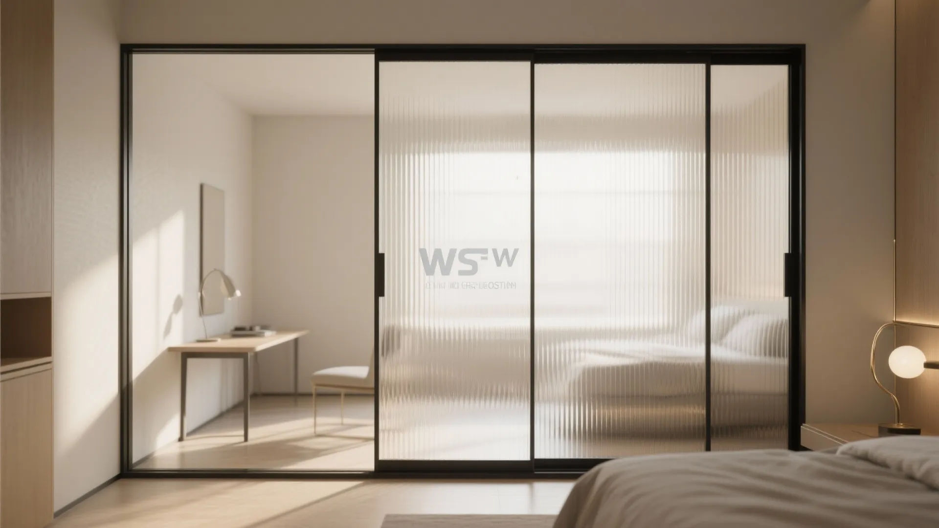 Frosted glass sliding door with black frame separating a modern bedroom and home office space