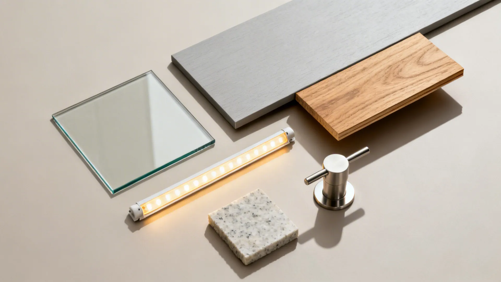 Top-down flatlay of glass, matte laminate, oak, LED strip, quartz, and stainless hardware samples.