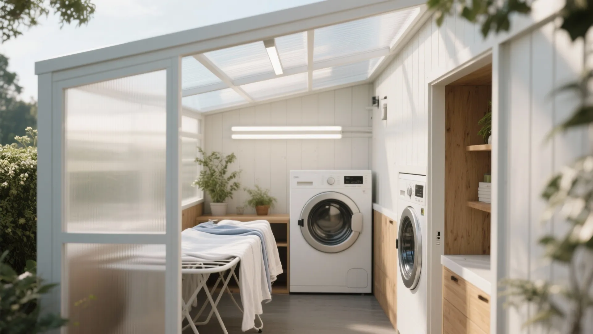 Bright sunroom laundry room with white washing machine drying rack translucent roof panels and plants