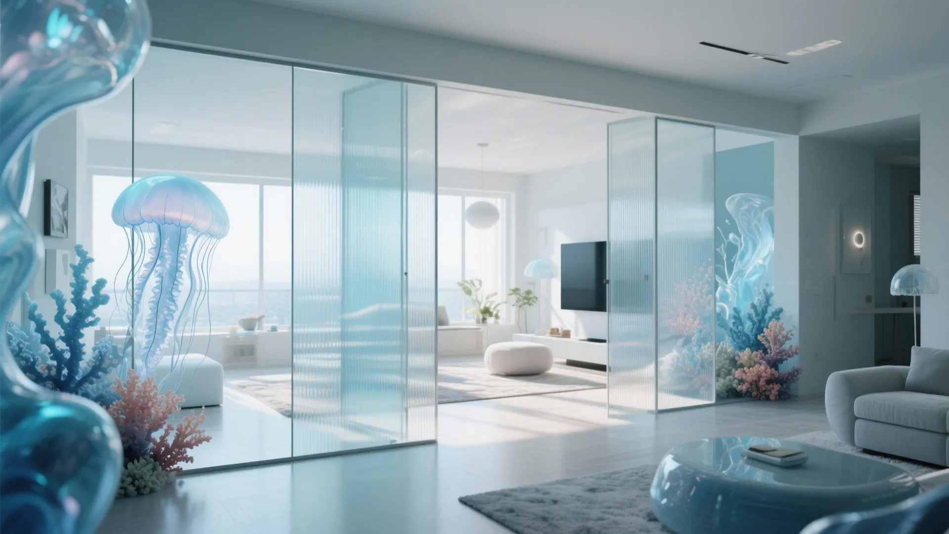 Resin and ribbed glass dividers softly defining zones in a studio