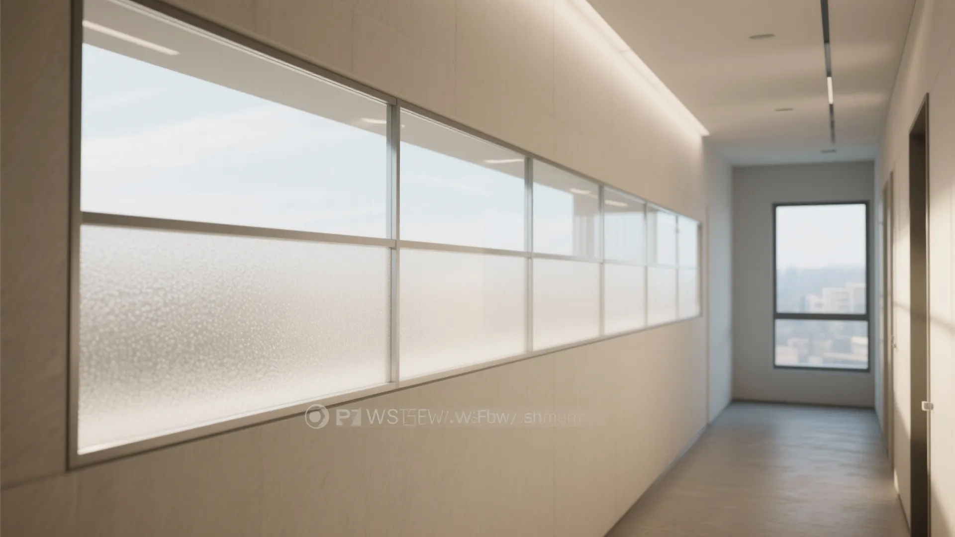 Side wall with sandblasted channel glass bands and clear clerestory bringing diffused light.