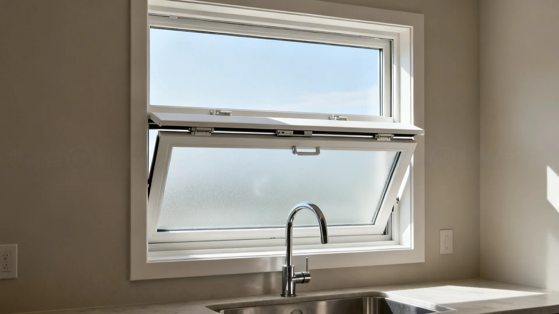 Transom window above a frosted awning panel over a kitchen sink, slightly open for airflow.
