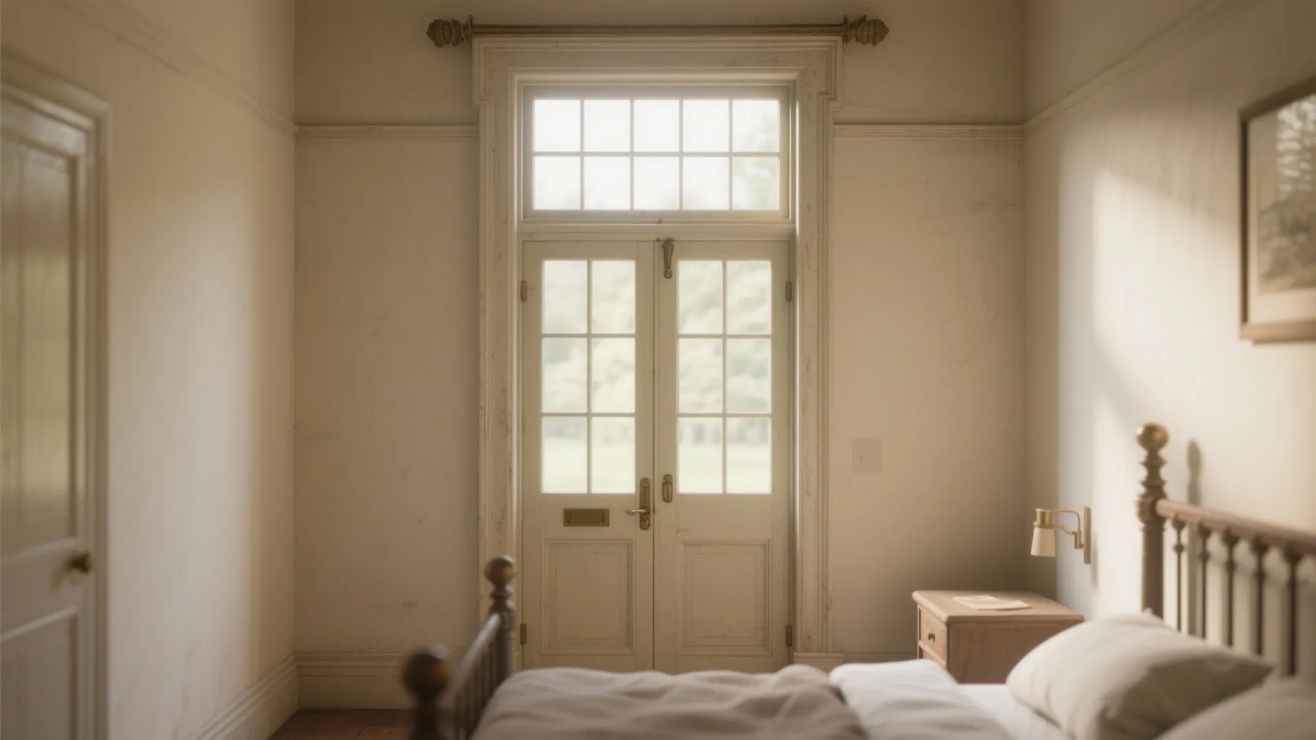 Heritage-style half-glazed French doors with a transom window above letting vertical light into a small bedroom