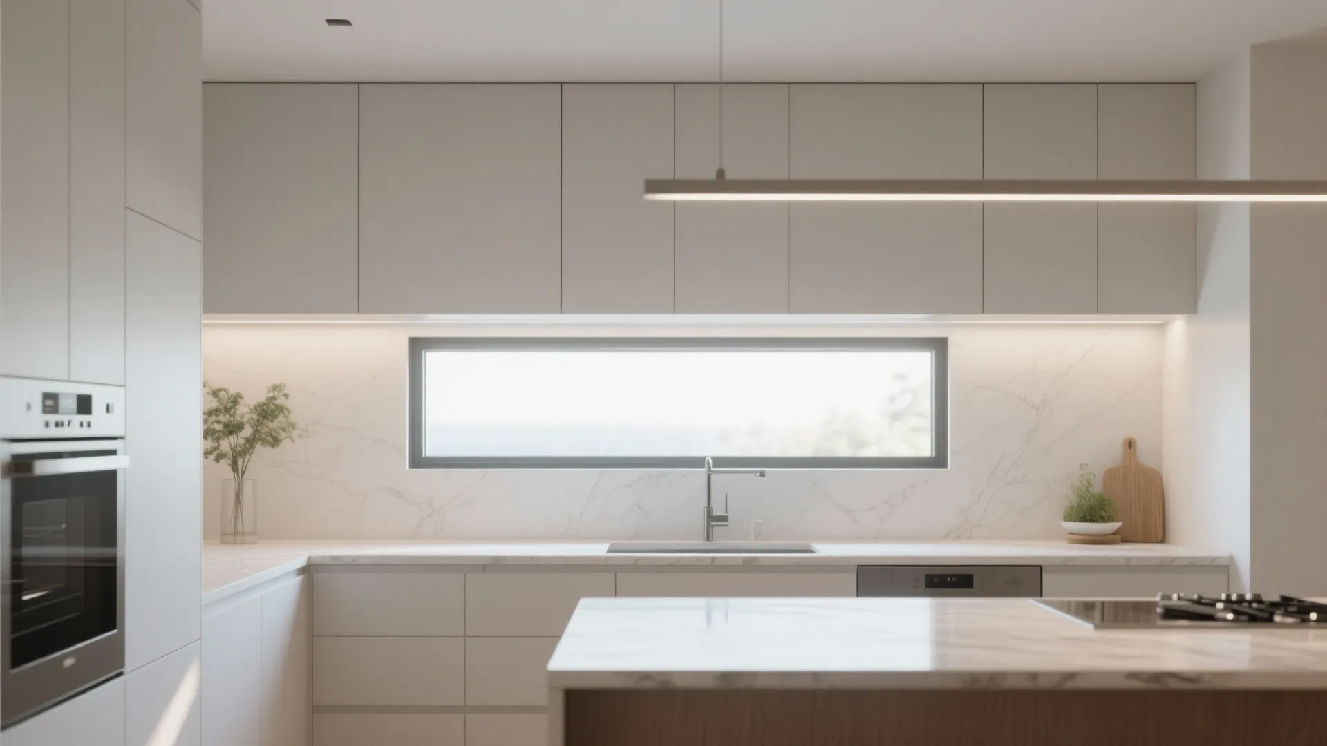 Slim horizontal transom window above cabinets letting daylight into a modern kitchen.