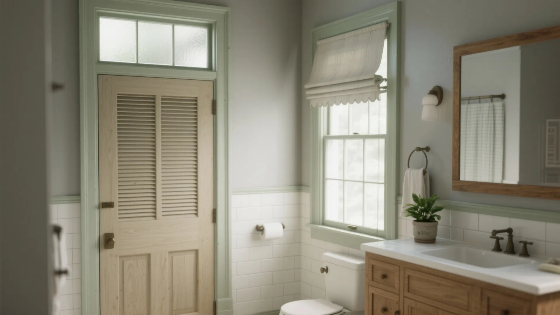 Bathroom with operable transom, louvered door, and frosted awning window.