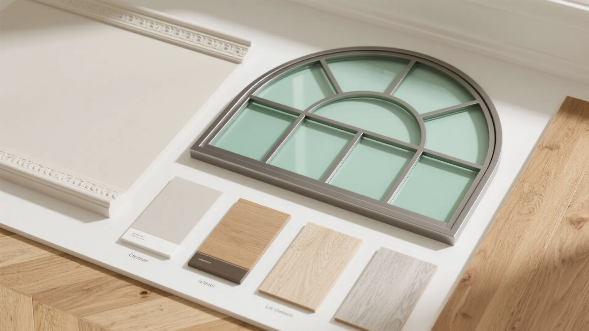 Mood board showing arched window frame and various material samples for wood flooring and wall panels