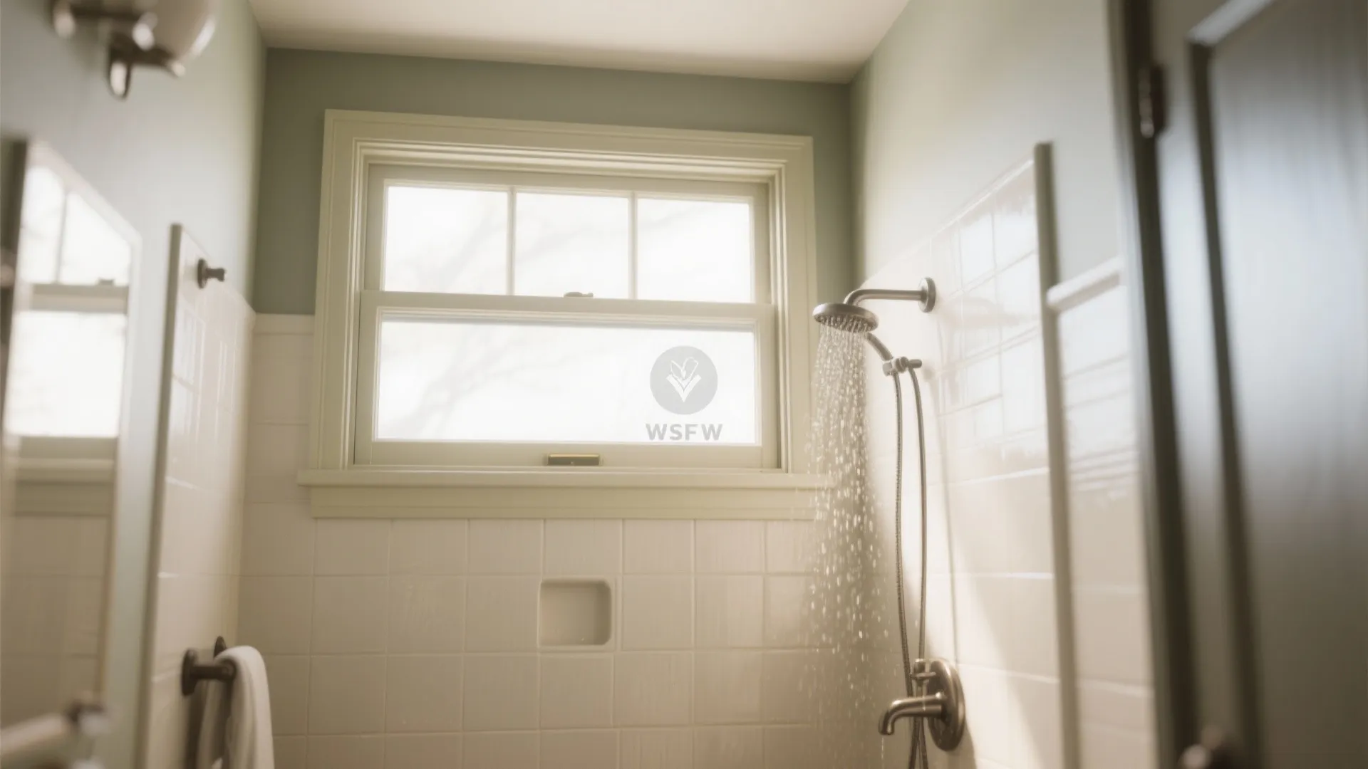 Shower area with white tiles a silver shower head running water and a large window