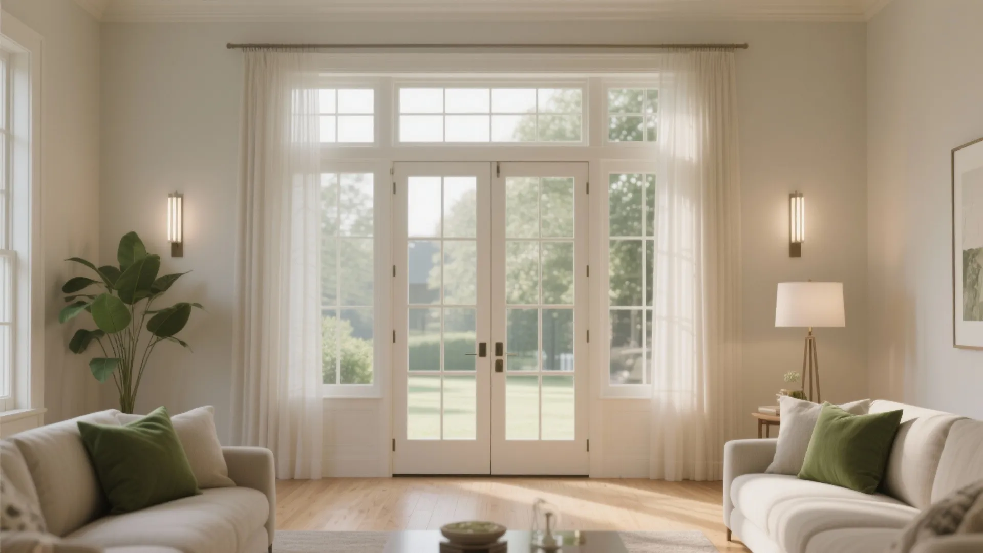 Bright living room with white double doors white curtains wood floors sofas and green cushions