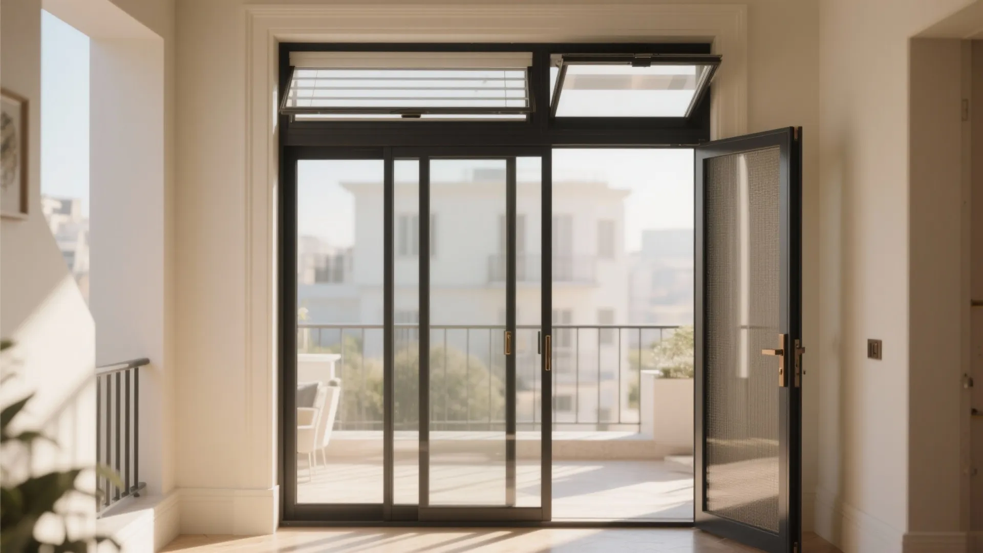 Black sliding glass door with top windows opening to a sunny balcony with city view