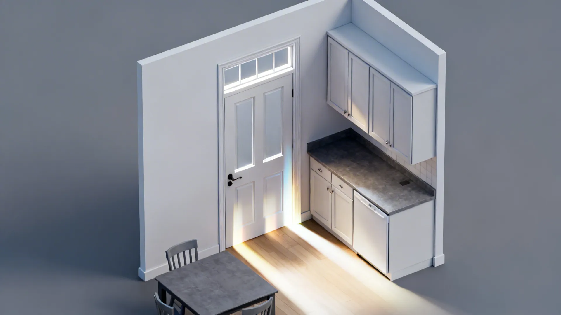 Top-down concept showing light flow through a clear transom band above a frosted door.