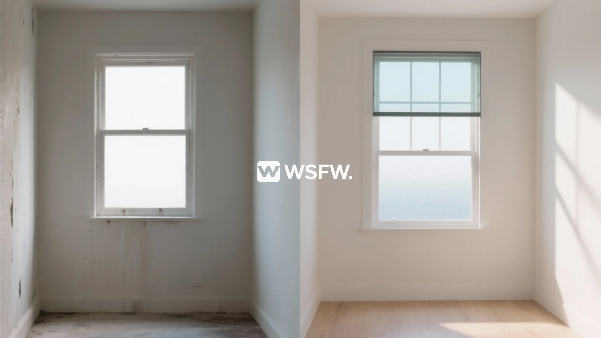 Side by side comparison of a dark old room and a bright clean room renovation