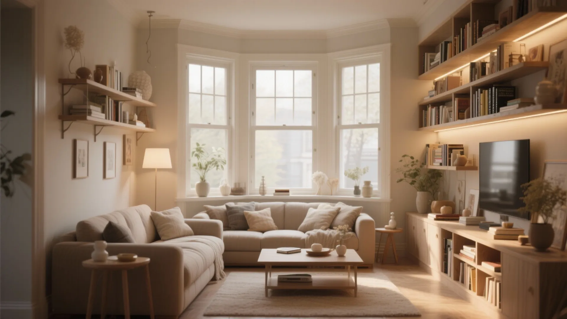 Cozy living room with transom windows above shelves for natural light