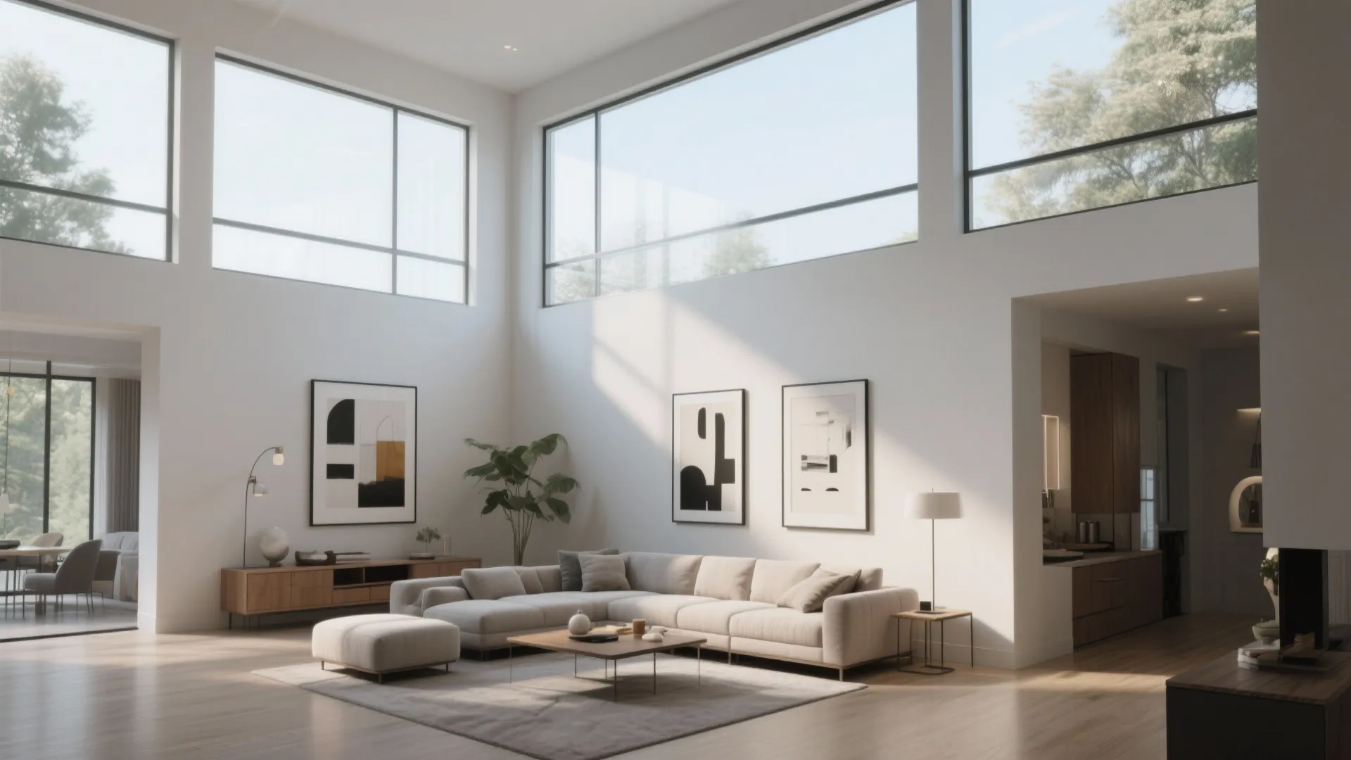 Spacious living room with high ceiling windows beige sofa wooden coffee table and indoor plants