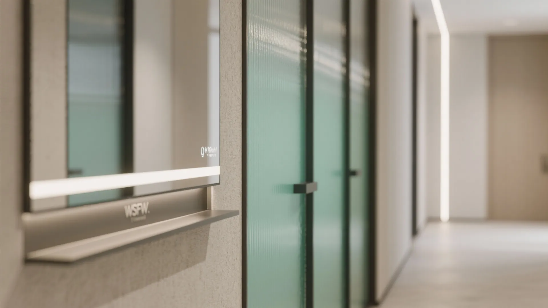 Close-up of low-iron glass divider, slim mirror band, and soft wall washer lighting.