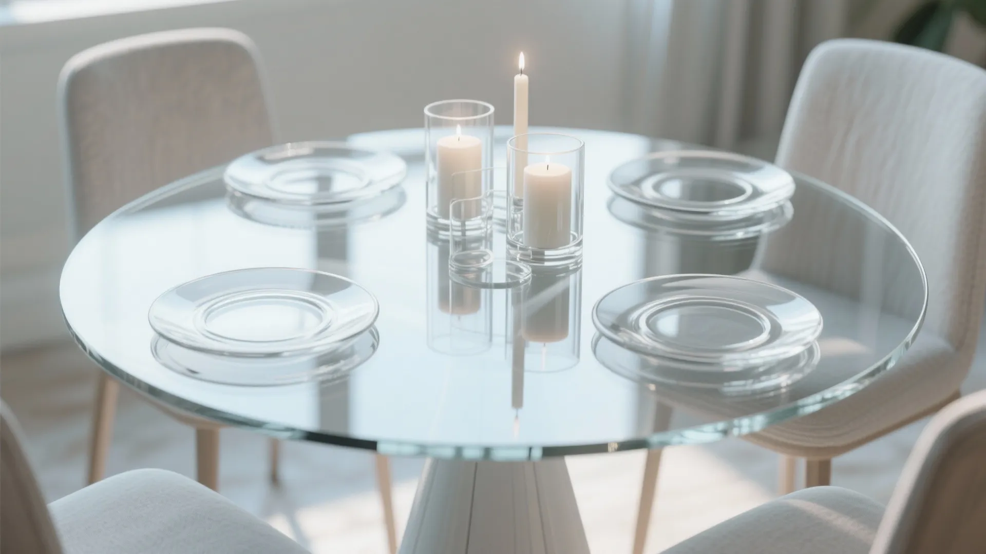 Glass dining table with four transparent plates and white candles in a bright modern room
