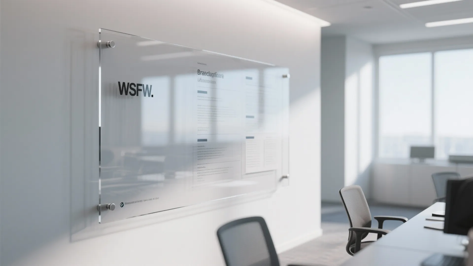 Clear acrylic board on white wall in office with desks and a grey office chair