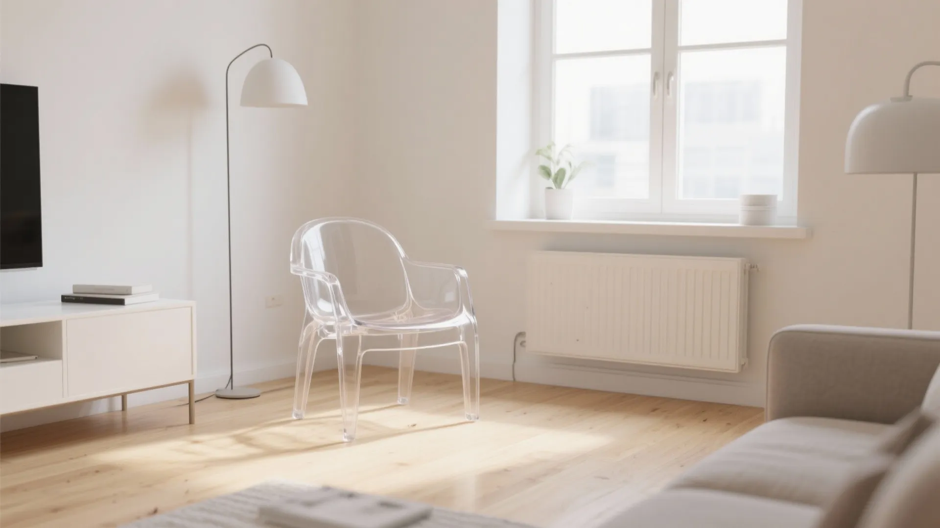 Bright compact space with transparent acrylic accent chair