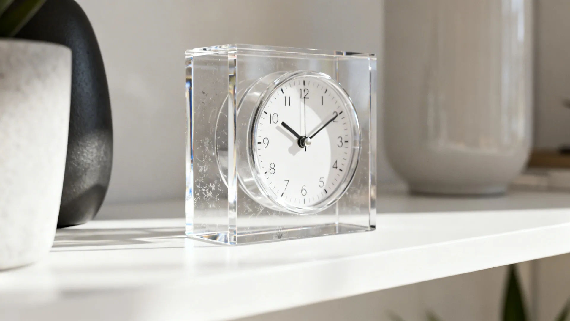 Transparent acrylic table clock on a bright shelf with matte accents nearby.