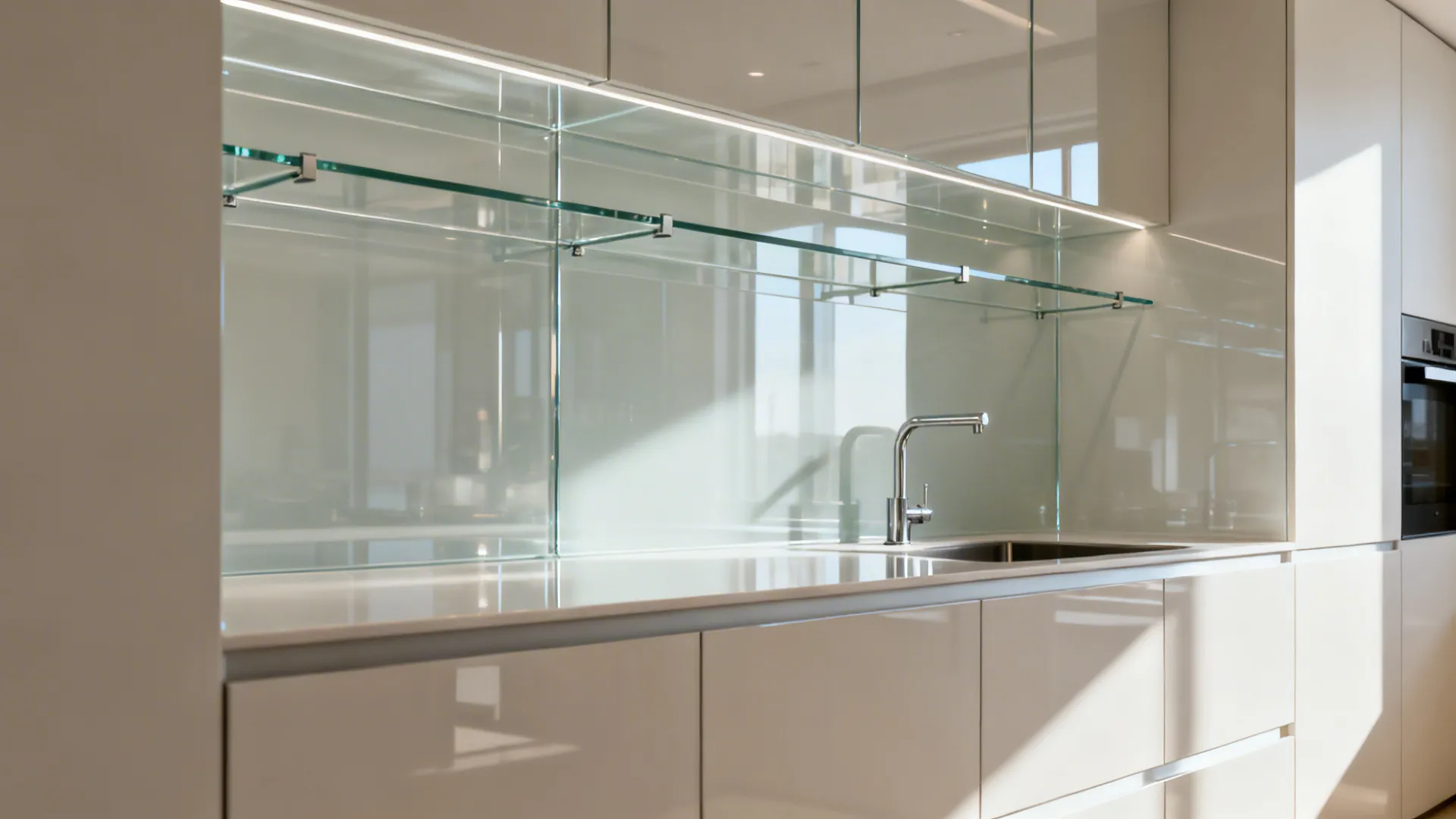 Small kitchen with a clear glass backsplash and a slim glass shelf that brightens the space.
