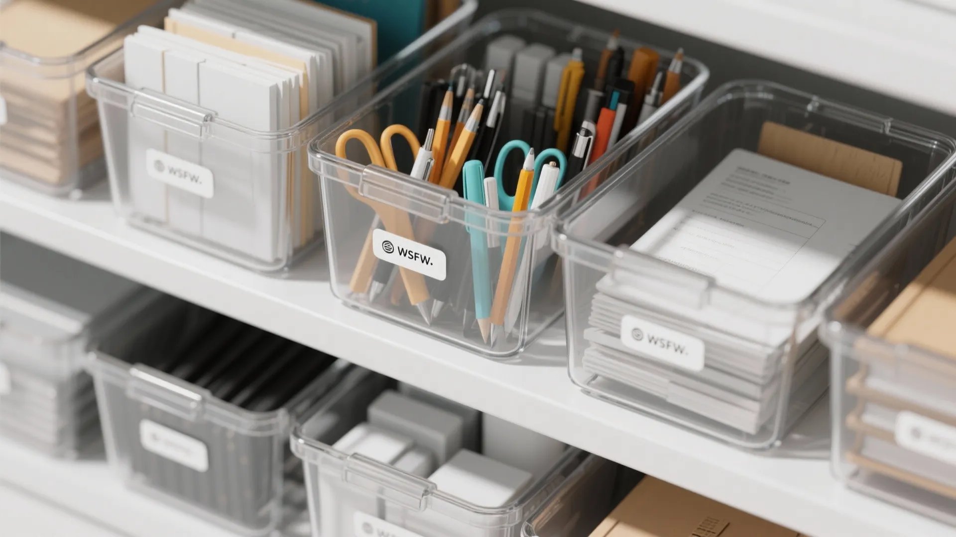 Clear plastic storage bins on white shelves holding pens scissors and various office supply items