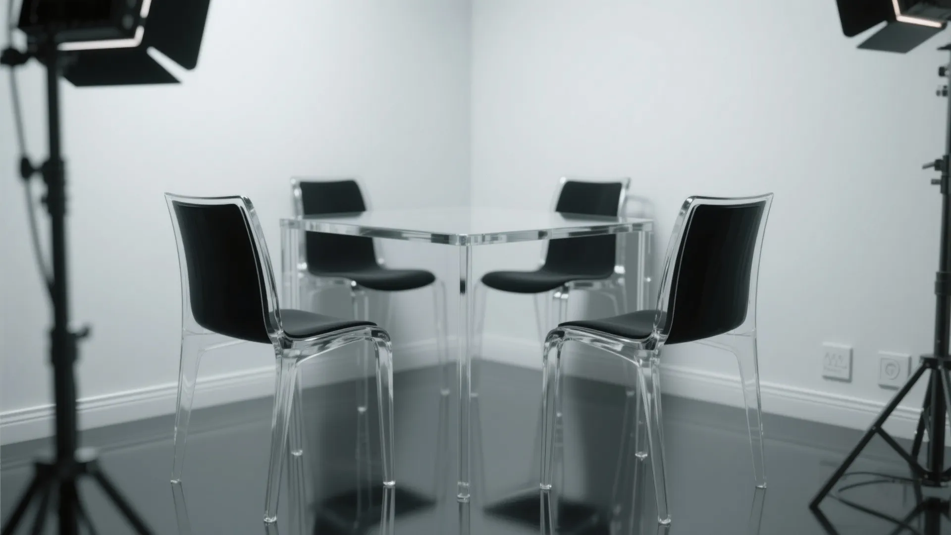 Clear glass square table surrounded by four black chairs with transparent frames in a white studio