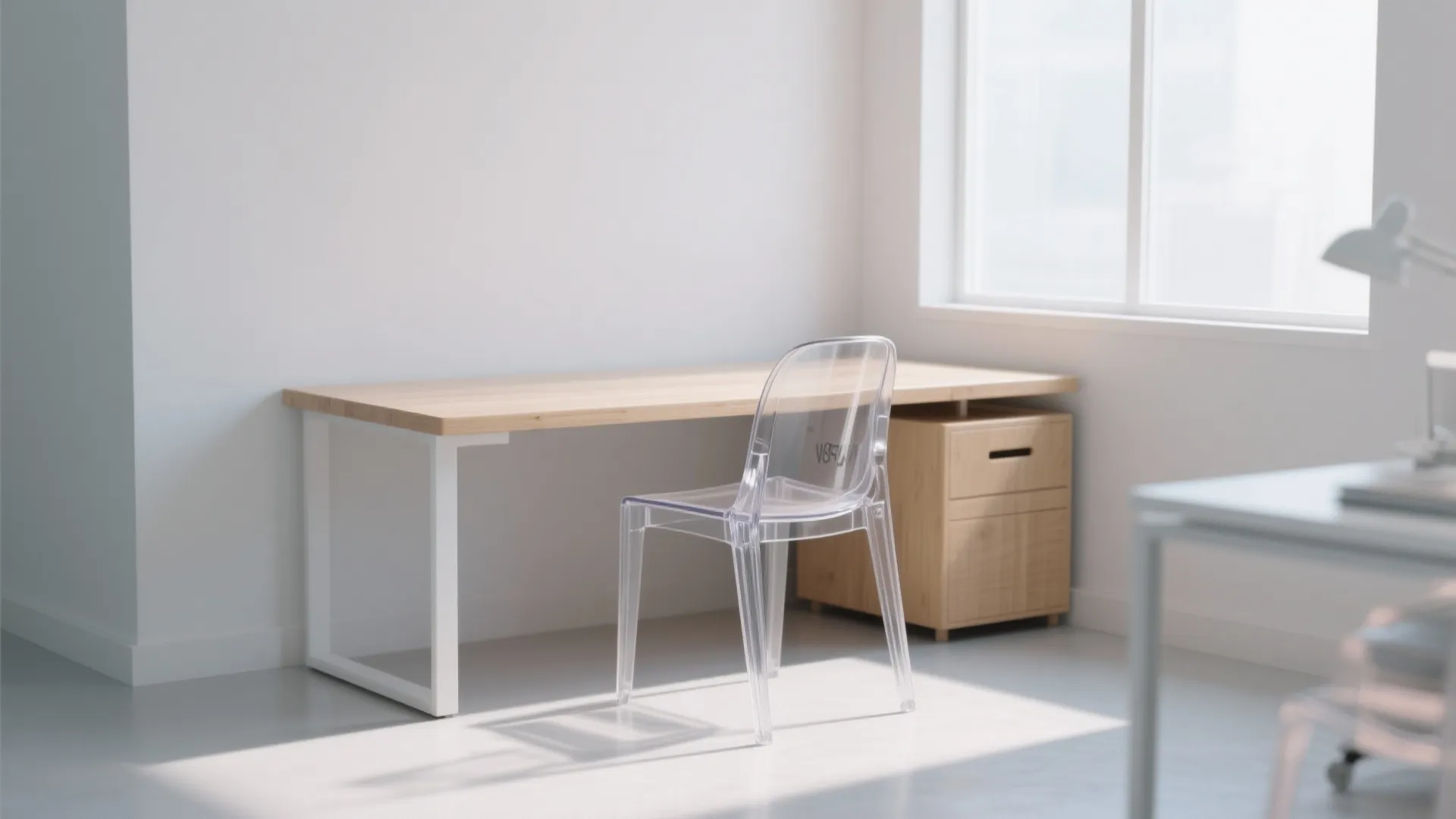 Transparent acrylic chair in a small airy office